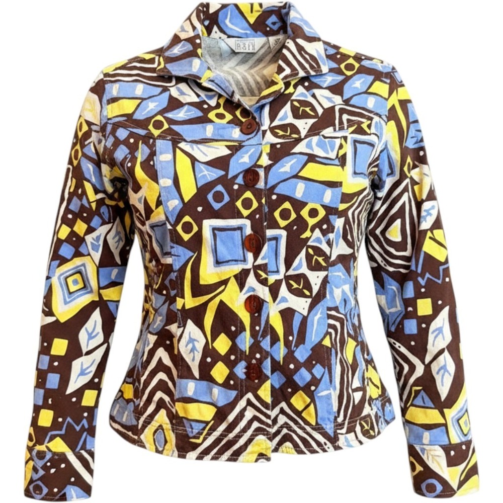 Keren Hart Jacket Womens M Brown Blue Geometric Abstract Cotton Stretch Button